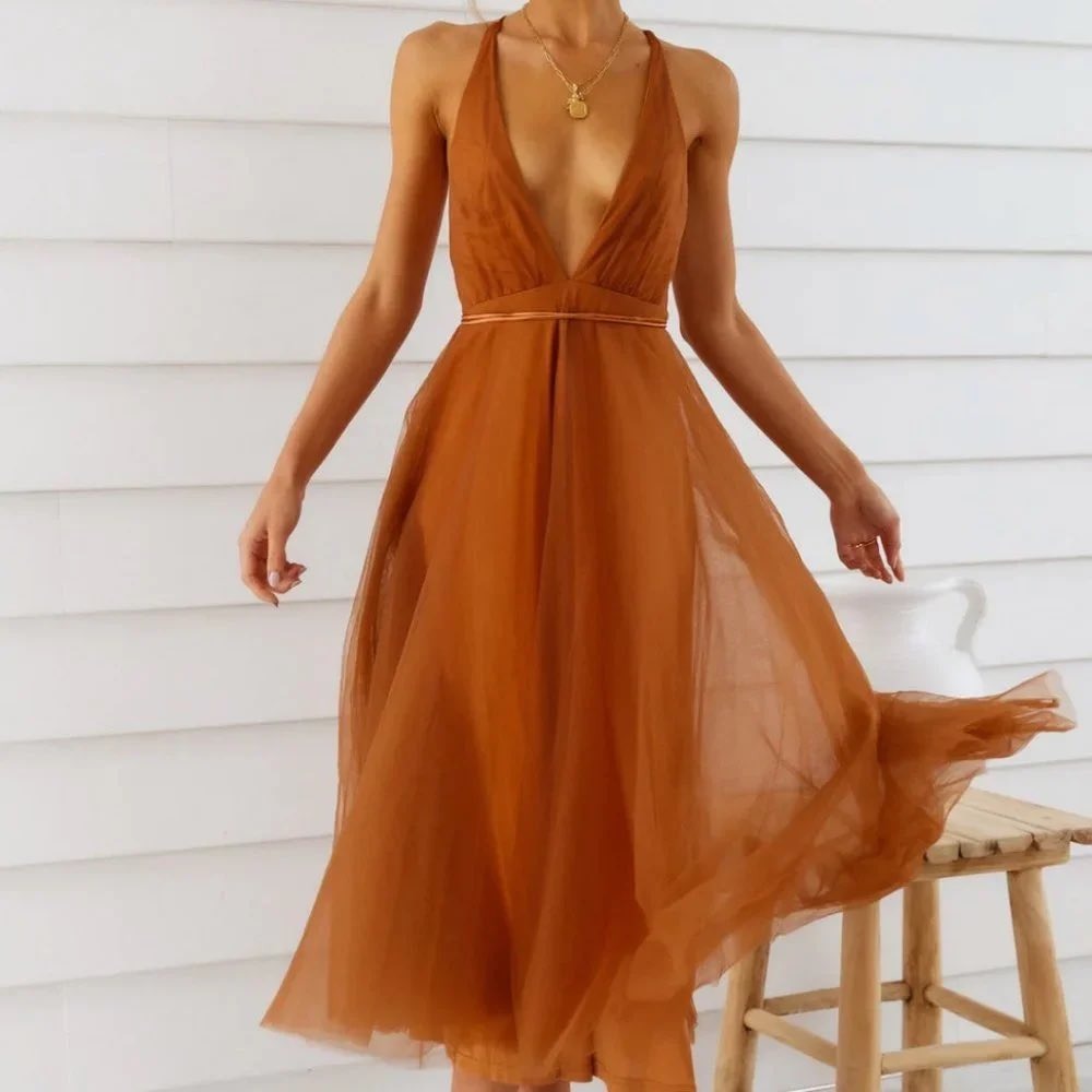 Hello Molly Cinderella Mini Dress Chocolate Brown Tulle Plunging V neck Ballet